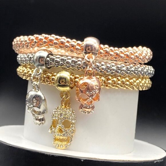 Gold and Silver Skull Charm Bracelet Set - Picture 3 of 4